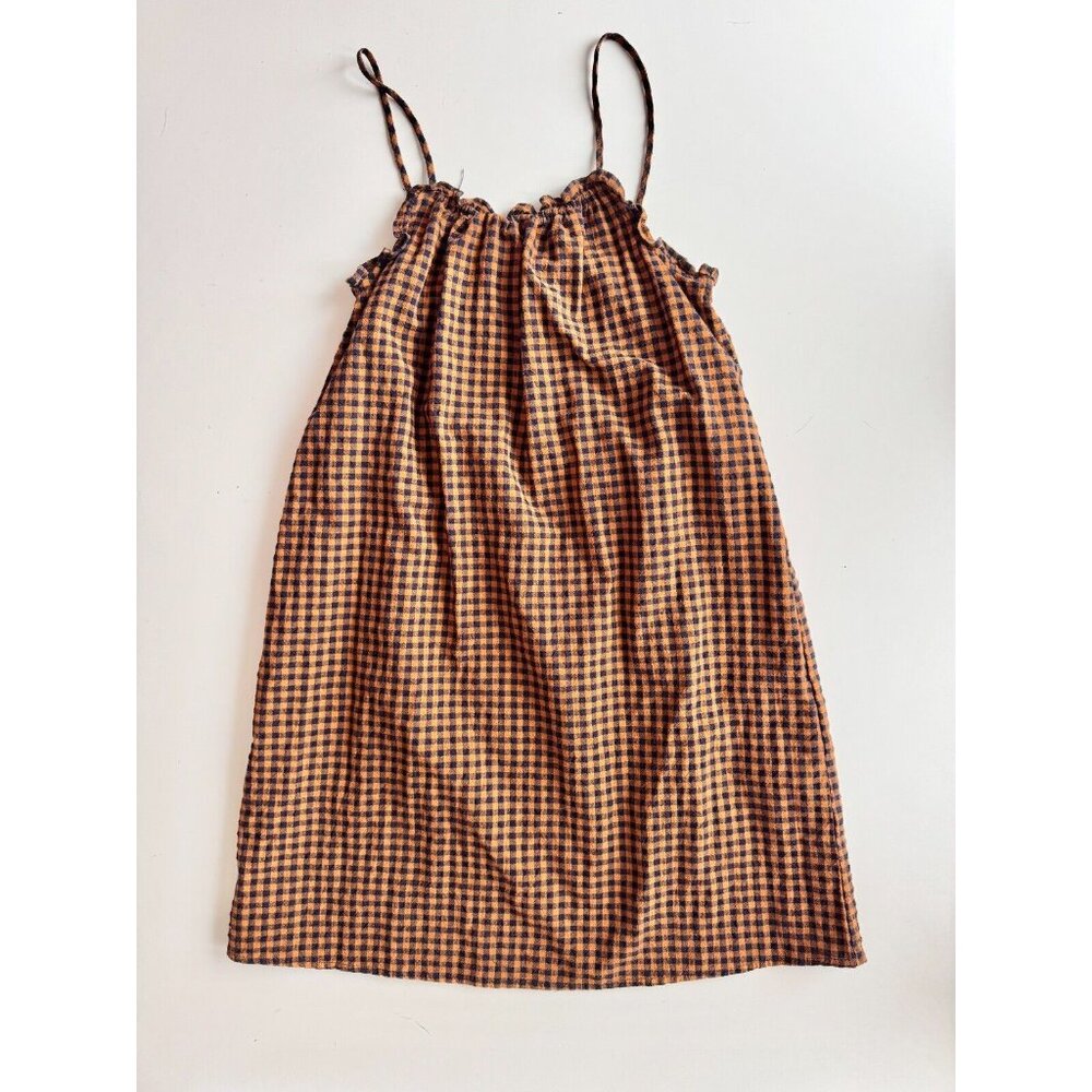 Girls' ZARA Brown Navy Gingham Check Cotton Blend A-Line Tent Dress, Size 11-12